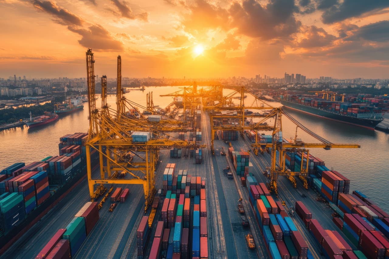 Puerto y operaciones marítimas al atardecer