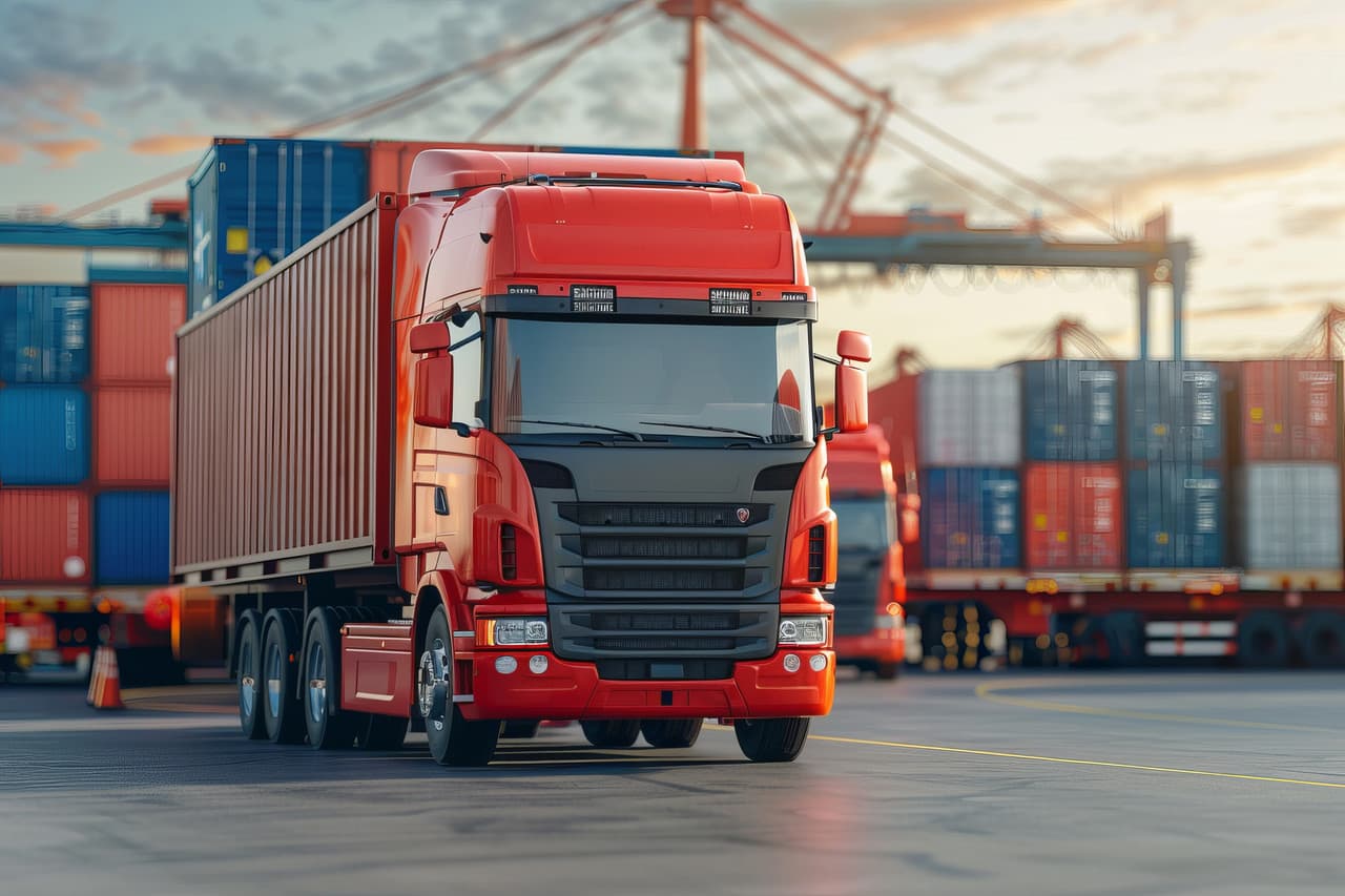 Camión articulado con contenedor en terminal logística